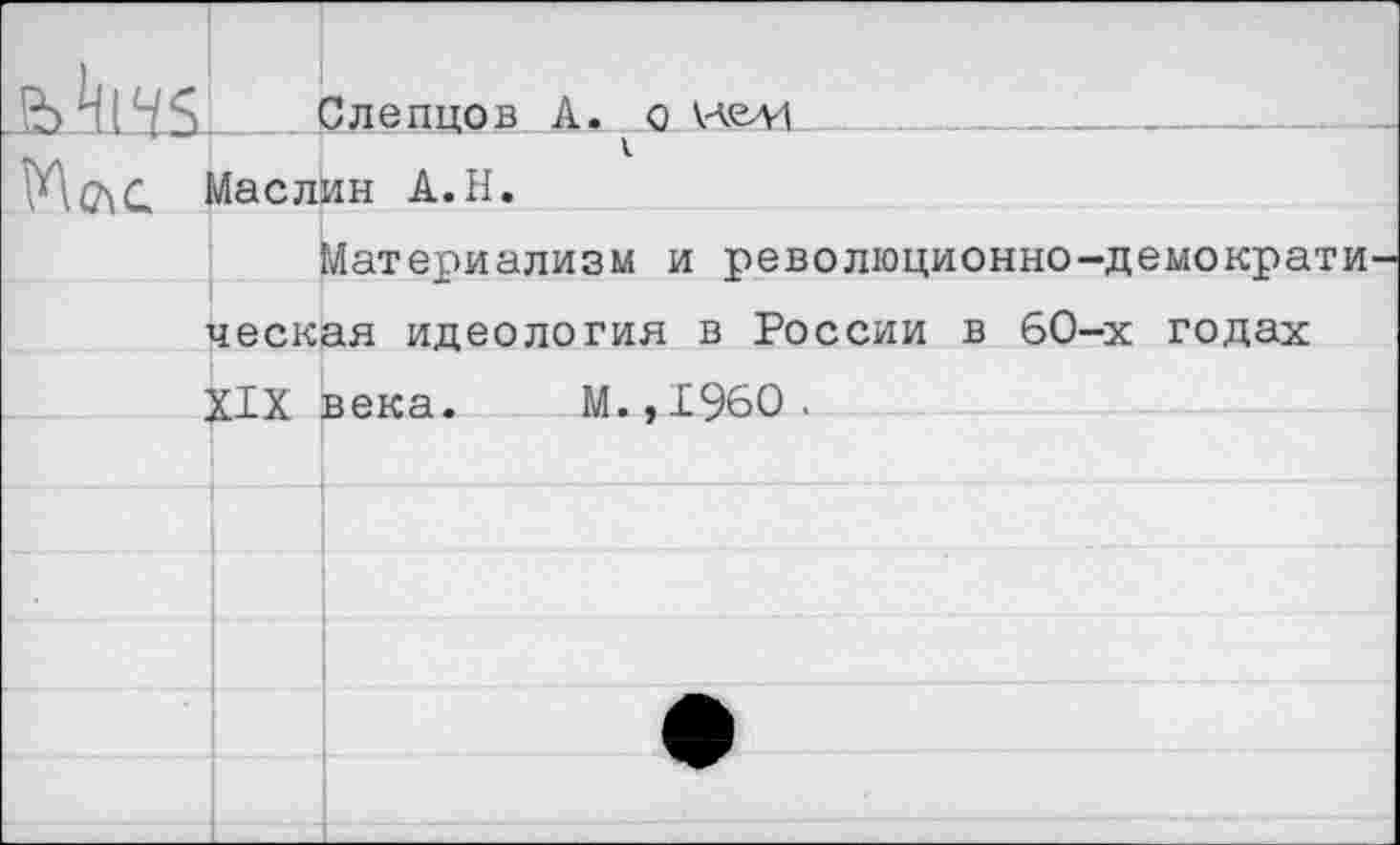 ﻿I
Слепцов А.о нем Маслин А.Н.
Материализм и революционно-демократи ческая идеология в России в 60-х годах XIX века. М.,1960.